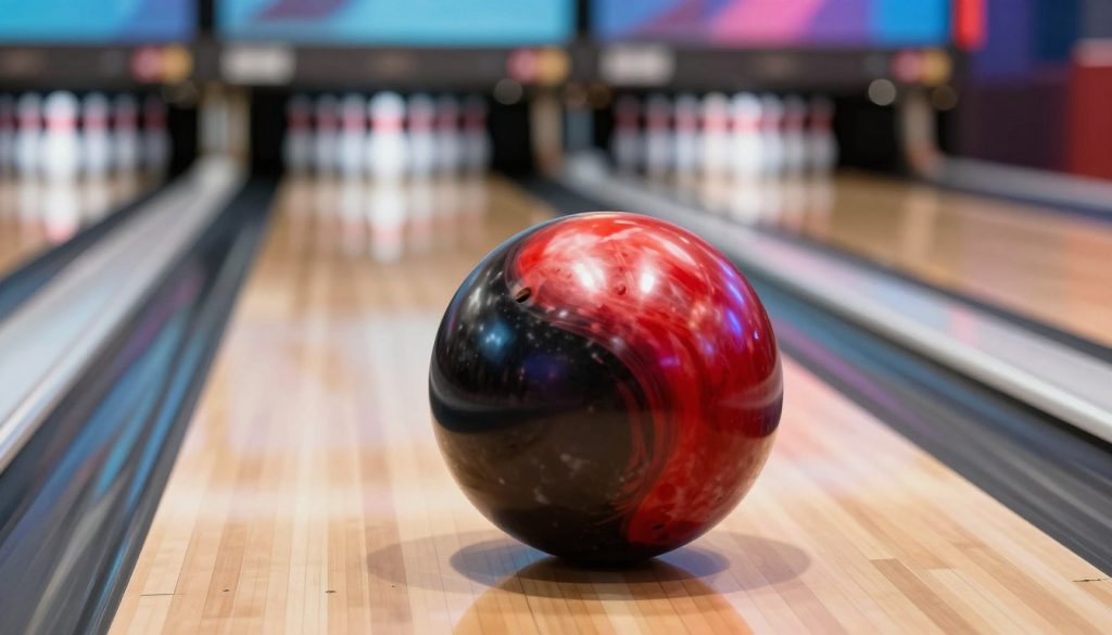 A close-up image of a high-performance Hammer Black Widow 3.0 bowling ball designed for men. The ball features a striking black and red swirl pattern, showcasing its sleek surface with a glossy finish that reflects light. In the foreground, place the bowling ball on a polished wooden bowling lane, emphasizing its grip and weight. In the middle ground, show a set of bowling pins arranged in a classic triangular formation, ready to be knocked down. The background includes a blurred view of a bowling alley with vibrant neon lights creating a lively atmosphere. The lighting should be bright but balanced, highlighting the ball’s texture and colors, while casting soft shadows to add depth. The overall mood is energetic and competitive, capturing the essence of high-performance bowling.
