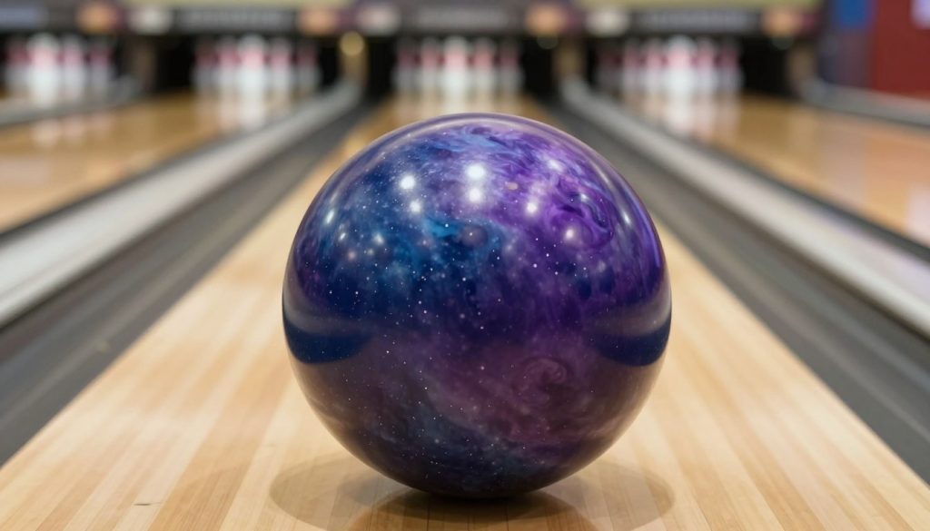 A close-up image of the Brunswick TZone Deep Space bowling ball, showcasing its striking design with a deep cosmic theme, featuring swirling dark blues and vibrant purples contrasted with bright white specks resembling stars. The ball should be prominently displayed in the foreground, with a soft focus on the high-gloss surface that highlights its smooth finish. In the middle ground, a polished wooden bowling lane is visible, slightly blurred to add depth. The background features blurred silhouettes of bowling pins at the end of the lane. The lighting is warm and ambient, giving the scene a welcoming yet competitive atmosphere. The angle is slightly elevated, capturing the front view of the ball, emphasizing its sleek contours and attention to detail.