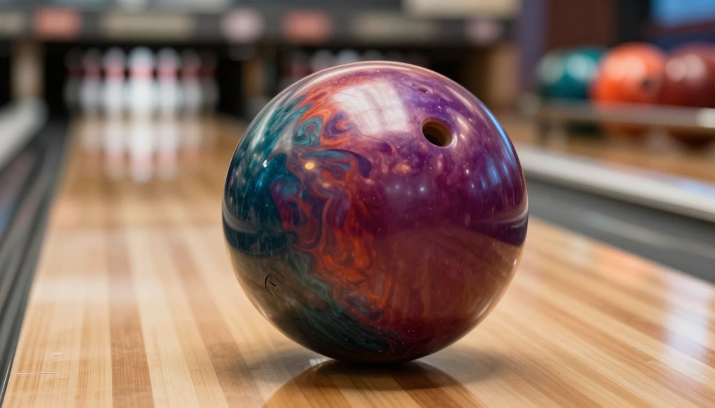 A close-up image of the Ebonite Maxim bowling ball, showcasing its glossy surface and intricate design patterns in rich, vibrant colors. The focus is on the ball, resting on a polished wooden bowling lane, highlighting its perfect spherical shape and smooth texture. In the background, soft, blurred images of bowling pins and other bowling balls create a sense of depth. The lighting is warm and inviting, casting gentle reflections on the ball to emphasize its quality. A low-angle perspective captures the ball's curves and details, while the atmosphere is energetic yet focused, embodying the precision and accuracy aimed for by straight bowlers.