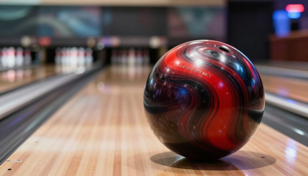A close-up image of the Hammer Black Widow 3.0 bowling ball, showcasing its glossy black surface with striking red and silver swirling patterns, glistening under bright, focused lighting. In the foreground, the ball rests on a shiny bowling lane, highlighting its sleek design and unique markings. The middle ground features a slightly blurred view of bowling pins arranged in a pyramid, hinting at the imminent strike. The background sets an ambiance of a lively bowling alley with dimmed lights and colorful neon accents, creating an energetic atmosphere. The shot is taken from a low-angle perspective, emphasizing the ball’s imposing presence and inviting the viewer to imagine its potent performance on the lane.