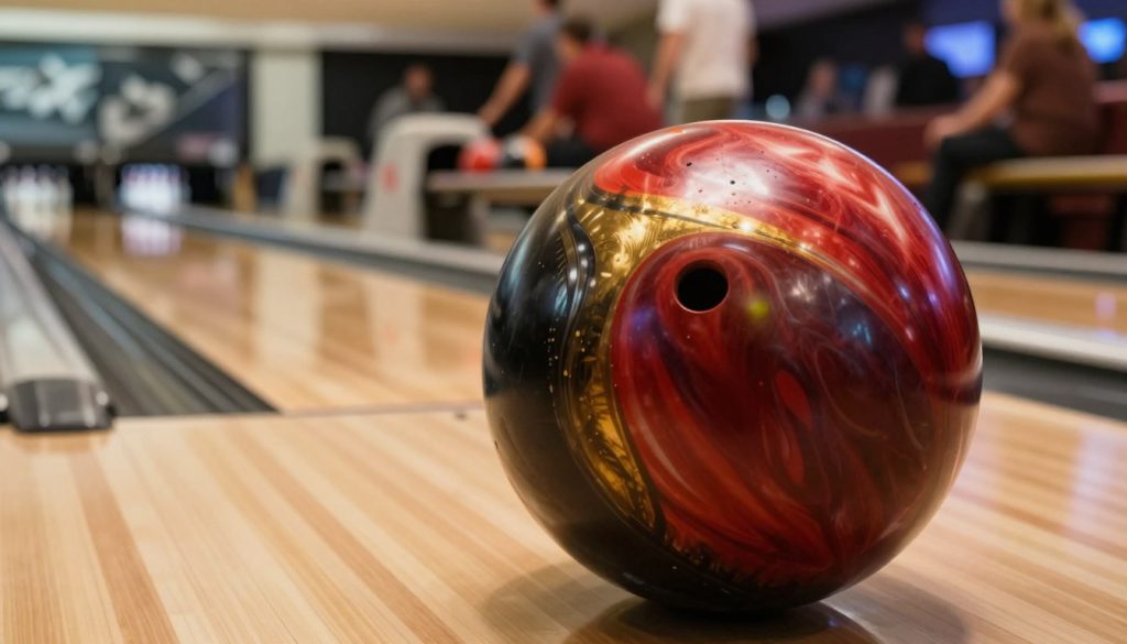 A close-up of the Motiv Jackal Ambush bowling ball, displaying its striking black, red, and gold swirl pattern, prominently placed in the foreground. In the middle ground, showcase a wooden bowling lane with polished lanes reflecting soft overhead lights, suggesting a welcoming bowling alley atmosphere. In the background, blurred figures of casually dressed men and women enjoying a game, adding life without distracting from the focal point. The lighting should be warm and inviting, emphasizing the ball's glossy finish and intricate design. The angle should highlight the surface of the bowling ball while capturing its unique features, creating a sense of excitement and enthusiasm around the sport. The overall mood should be energetic and vibrant, reflecting the dynamic nature of bowling.