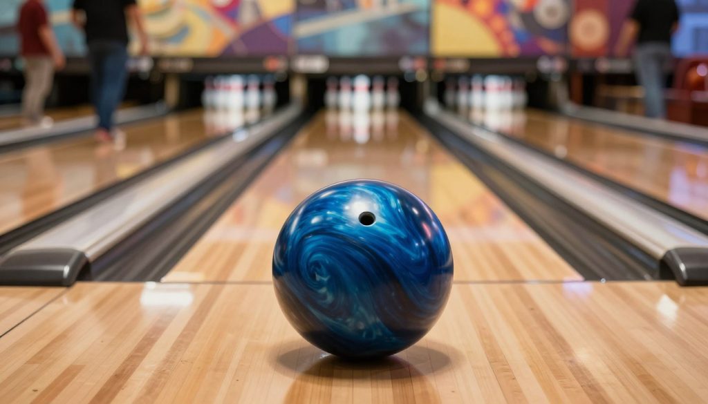A close-up view of a Brunswick Defender Hybrid bowling ball prominently displayed on a polished wooden bowling lane. The ball features a vibrant blue and black swirl design with glossy highlights, showcasing its high-quality finish. In the foreground, the ball is centered, surrounded by scattered colorful bowling pins in a dynamic arrangement. In the middle ground, the lane stretches into soft bokeh, emphasizing the ball's texture and visual intrigue. The lighting is warm and inviting, with a slight spotlight effect highlighting the ball's surface, creating reflections and depth. The atmosphere exudes excitement and anticipation, suggesting a competitive spirit in a vibrant bowling alley ambiance, with blurred figures of bowlers in the background, all dressed in casual yet stylish bowling attire.