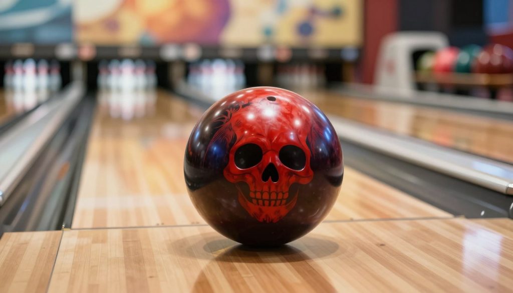 A close-up view of a Hammer Black Widow Viz-A-Ball, prominently placed in the foreground, emphasizing its glossy black and vibrant red design with intricate skull graphics. The bowling ball should be showcased on a polished wooden bowling lane, reflecting light off its surface, creating an eye-catching shine. In the middle ground, a blurred bowling alley can be observed with colorful bowling pins and soft overhead lighting, which adds warmth to the scene. The background should feature subtle hints of other bowling balls in muted tones, keeping the focus on the Hammer Black Widow. The atmosphere is energetic yet refined, capturing the essence of competitive bowling. Use a shallow depth of field to enhance focus on the ball, with soft bokeh effects highlighting the alley's ambiance.