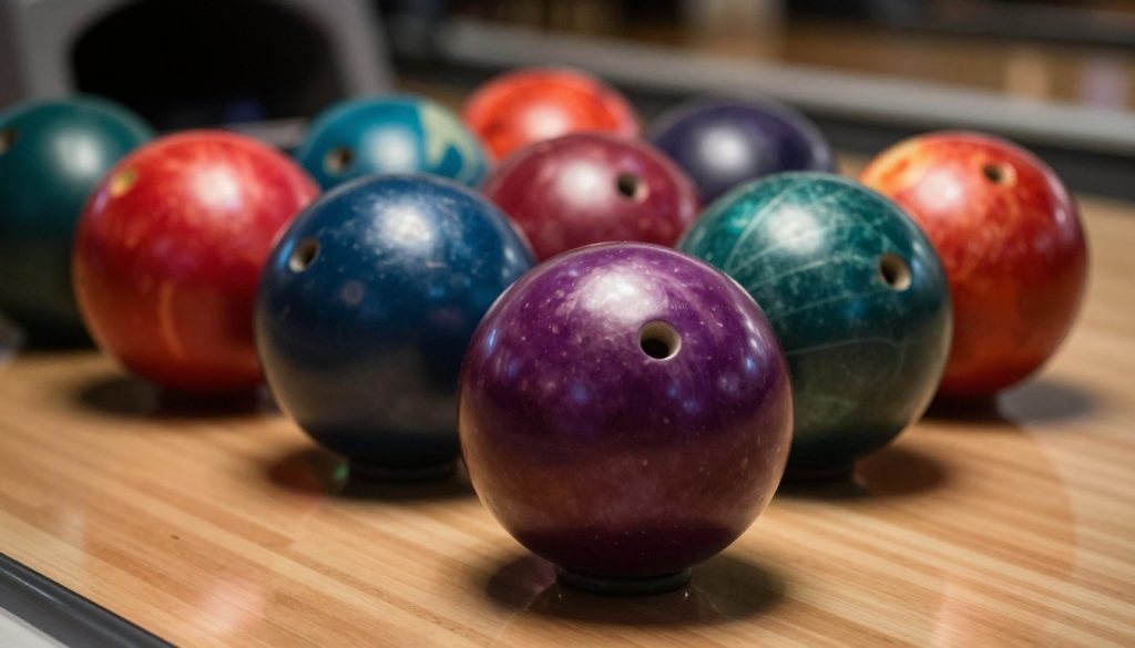 A close-up view of a collection of professional bowling balls designed for men, showcasing a variety of vibrant colors and intricate patterns, highlighting their unique textures and finishes. The foreground features a beautifully polished Track Theorem bowling ball, prominently displayed on a sleek, dark wood lane surface, reflecting soft lighting that accentuates its glossy surface. In the middle ground, several other bowling balls are arranged in a visually appealing manner, each demonstrating different designs and weights, creating a sense of depth. The background includes blurred silhouettes of a bowling alley with warm, inviting lighting. The mood is focused and professional, ideal for highlighting gear in a sport setting, all captured with a macro lens to emphasize detail.