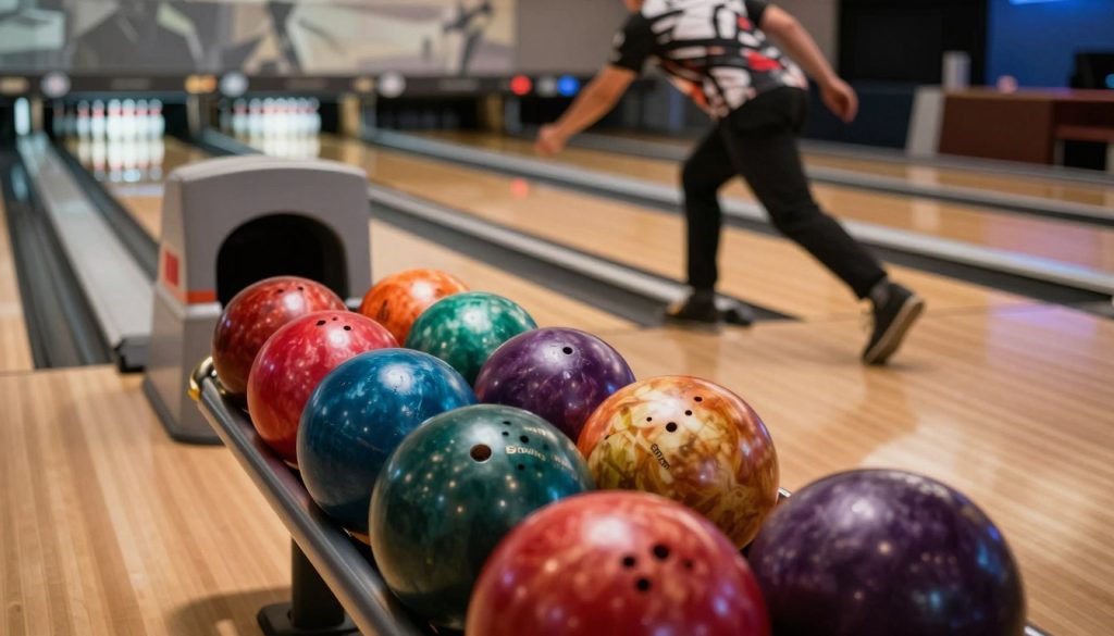 A collection of top-rated bowling balls, prominently featuring the Storm Absolute Power model, displayed on a glossy wooden bowling alley lane. In the foreground, capture the vibrant colors and intricate designs of the bowling balls, showcasing their glossy finishes and unique graphics. In the middle ground, a blurred silhouette of a bowler in a professional stance, preparing to throw the ball, wearing a stylish bowling shirt and shoes. The background features a softly lit bowling alley with polished wood floors and glowing lane indicators, creating a dynamic atmosphere. Use dramatic lighting to highlight the bowling balls, casting subtle reflections on the lane, and use a slightly low-angle shot to emphasize the power and elegance of the play. Overall, the image should evoke excitement and professionalism, showcasing the elite nature of the sport.