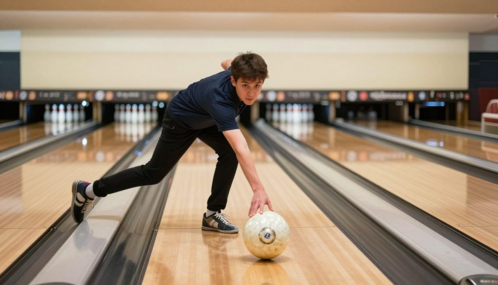 A dynamic scene of a straight bowler in action, preparing to release a Columbia 300 White Dot bowling ball, focused and poised. The foreground features the bowler in professional athletic attire, demonstrating correct bowling form, with a clear view of the ball's vibrant white surface and distinctive logo. In the middle ground, a polished wooden bowling lane stretches out, emphasizing the trajectory of the ball. The background showcases a blurred bowling alley with warm overhead lights reflecting off the lane, creating a lively yet focused atmosphere. The lighting is bright and even, enhancing the details of the bowler's technique and the ball's texture. The angle captures the bowler's intensity and the motion of the bowling action, evoking a sense of excitement and precision in the sport.