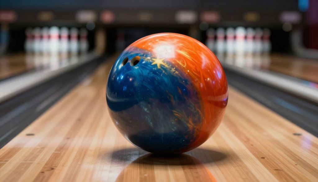 A striking close-up of a Roto Grip Attention Star bowling ball, showcasing its glossy surface and vibrant color patterns that blend shades of deep blue, bright orange, and hints of metallic gold. The ball's swirl design should be prominently featured, reflecting the light in a captivating manner. In the foreground, place the ball on a polished wooden bowling lane, with a soft sheen from overhead spotlights creating a dramatic atmosphere. The middle ground will feature blurred silhouettes of bowling pins ready for a strike, enhancing the focus on the ball. The background should softly fade into a dark, moody ambience to emphasize the striking colors. The image should evoke anticipation and excitement for a perfect hook shot, with a well-balanced composition and rich lighting effects.