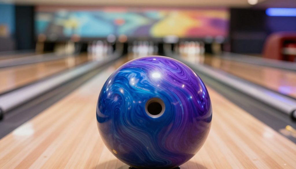 A striking close-up of a Roto Grip Hustle RIP bowling ball, showcasing its vibrant design with deep blues, purples, and intricate swirls that reflect light. The ball is positioned prominently in the foreground, glistening under bright, focused studio lighting that highlights its glossy surface. In the middle ground, a polished wooden bowling lane stretches out, partially blurred to emphasize the ball's details. The background features a softly lit bowling alley ambiance with colorful lights illuminating the space, creating a vibrant yet relaxed atmosphere. The overall mood is energetic and inviting, appealing to bowling enthusiasts. The image must not contain any captions, speech bubbles, or watermarks.
