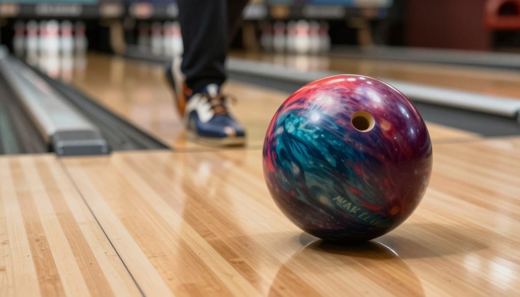 A striking composition featuring the Motiv Jackal Ambush bowling ball prominently in the foreground, displaying its vibrant colors and dynamic patterns. The ball should be depicted on a polished wooden bowling lane, with its surface gleaming under bright overhead lights, accentuating the ball's design and texture. In the middle ground, a pair of bowling shoes, sleek and modern, is positioned beside the ball, suggesting readiness for action. The background should include softly blurred bowling pins, hinting at the intensity of a competitive game. The atmosphere is energetic and focused, conveying the excitement of a killer hook shot in bowling, with warm, inviting lighting that enhances the overall scene. The angle should be slightly low, emphasizing the bowling ball's importance while maintaining a dramatic perspective.