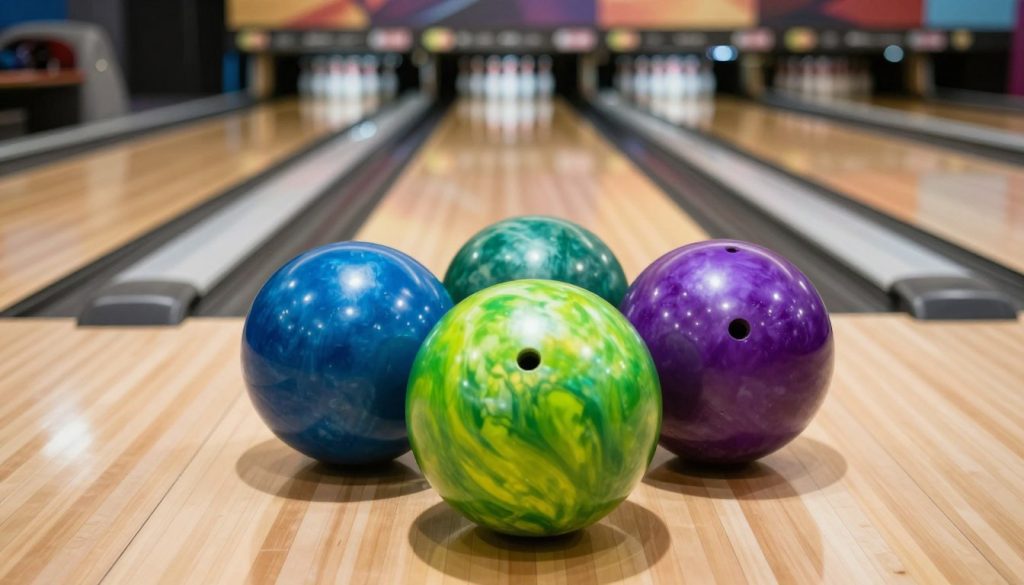 A striking image showcasing a collection of "ultimate hook bowling balls" from the Brunswick Mindset series. In the foreground, display three vividly colored bowling balls with unique swirling patterns that hint at high performance—think bright blues, neon greens, and bold purples reflecting the shiny surface. In the middle ground, create a polished wooden bowling lane that adds a sense of action and precision. The background should feature a stylish bowling alley atmosphere, with subtle lighting highlighting the balls’ glossy finish and casting soft shadows. Use a wide-angle lens to capture a dynamic perspective, evoking excitement and motion. The overall mood should be energetic and competitive, conveying the essence of a thrilling bowling experience.