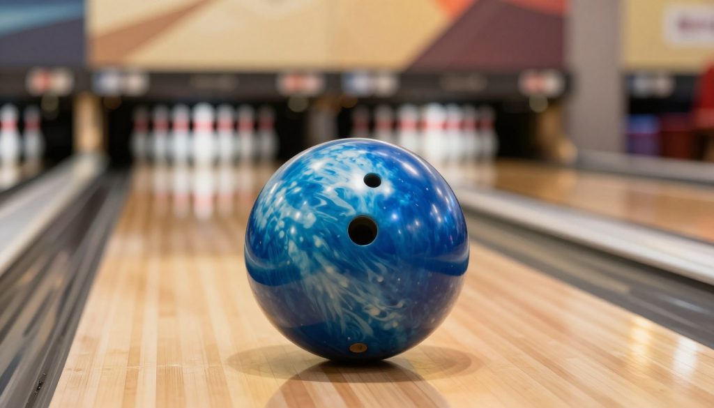 A vibrant and detailed image of a Storm Ice bowling ball in blue and white hues, designed specifically for straight bowlers. The foreground features the bowling ball prominently on a polished wooden lane, showcasing its glossy surface, reflective patterns, and intricate design. In the middle ground, a set of bowling pins is slightly blurred, emphasizing the ball's role in the game. In the background, an inviting bowling alley atmosphere with soft, warm lighting casts a cozy glow, enhancing the scene's ambiance. The camera angle is close-up, capturing the ball's colors and details vividly, while the overall mood is dynamic and energetic, perfect for showcasing this top product.