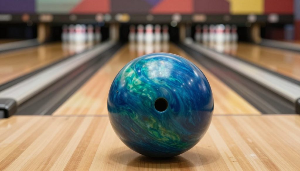 A vibrant close-up of a high-quality bowling ball specifically designed for straight bowlers, prominently displayed in the foreground. The ball features a glossy finish with a captivating swirl pattern in shades of blue and green, showcasing its unique design. The middle ground includes a polished wooden bowling lane, with a few pins set up at the end, reflecting the ball's suitability for accurate throws. In the background, softly blurred bowling alley lights create a warm, inviting atmosphere, giving an impression of motion and excitement. The scene is illuminated with soft, focused lighting that highlights the ball's texture and colors. The mood is energetic yet professional, emphasizing the importance of selecting the right bowling ball for a successful game.