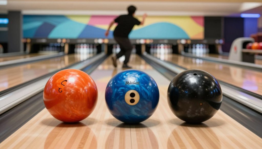 A visually striking display of the top bowling balls designed for male bowlers, featured prominently on a well-lit, polished bowling alley lane. In the foreground, three distinctive bowling balls — one bright orange, one deep blue with swirling patterns, and one solid black — are artistically placed to show off their unique designs. In the middle, a blurred silhouette of a male bowler in professional attire stands poised to throw, reflecting focus and concentration. The background features a vibrant bowling alley ambiance, with soft lighting highlighting the glossy lanes and colorful pin setups. The image evokes an energetic and competitive mood, perfect for showcasing the theme of “Radical Conspiracy Theory,” suggesting innovation and excitement in bowling equipment. The overall composition is dynamic, with a slight low-angle perspective to enhance the sense of action.