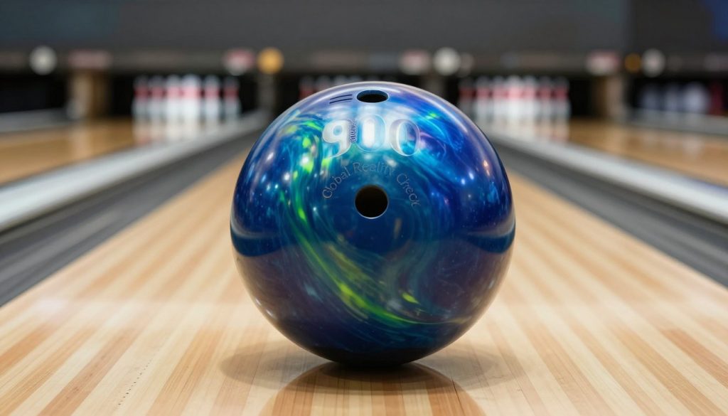 A visually striking image showcasing the "900 Global Reality Check" bowling ball, prominently placed in the foreground. The ball features a vibrant, swirling design with shades of deep blue, silver, and hints of neon green, reflecting its performance capabilities. In the middle ground, display a polished bowling lane with wood grain texture, well-lit under bright overhead spotlights that enhance the ball's glossy finish. The background could include blurred silhouettes of bowling pins ready for a strike, creating a dynamic atmosphere. Use a slightly low-angle shot to emphasize the ball’s potential impact and convey a sense of action. The overall mood should be energetic and inviting, suitable for both enthusiasts and newcomers, with a focus on high performance and excitement in the sport of bowling.