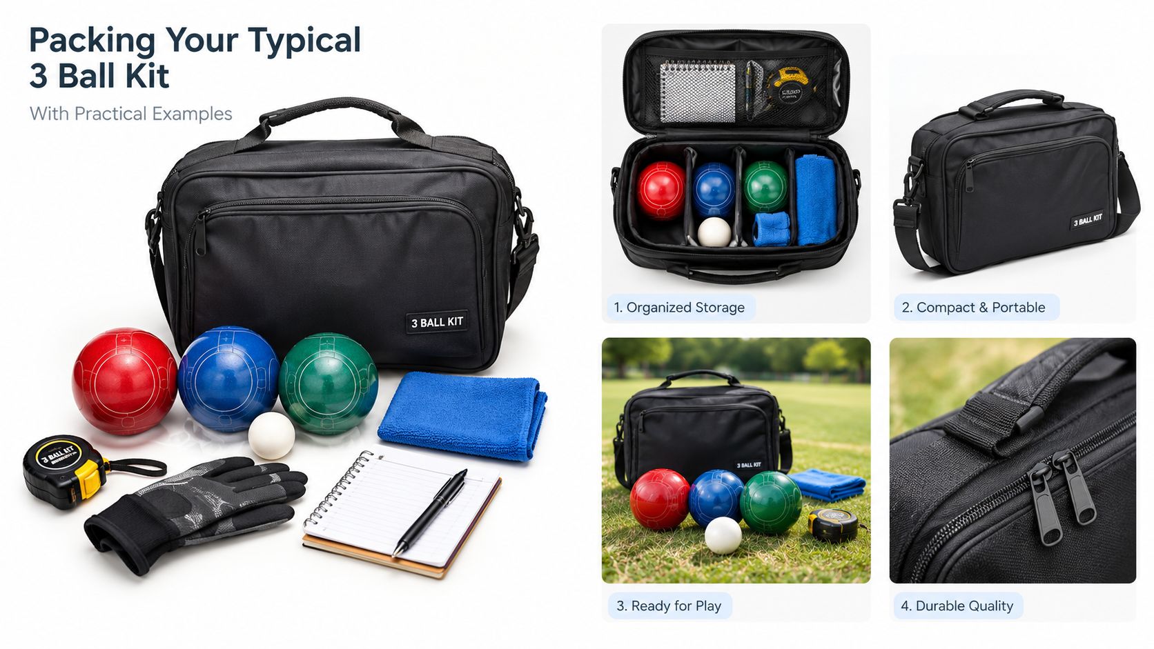 A black 3 ball kit bag shown with bocce balls, a tape measure, notepad, and towel.
