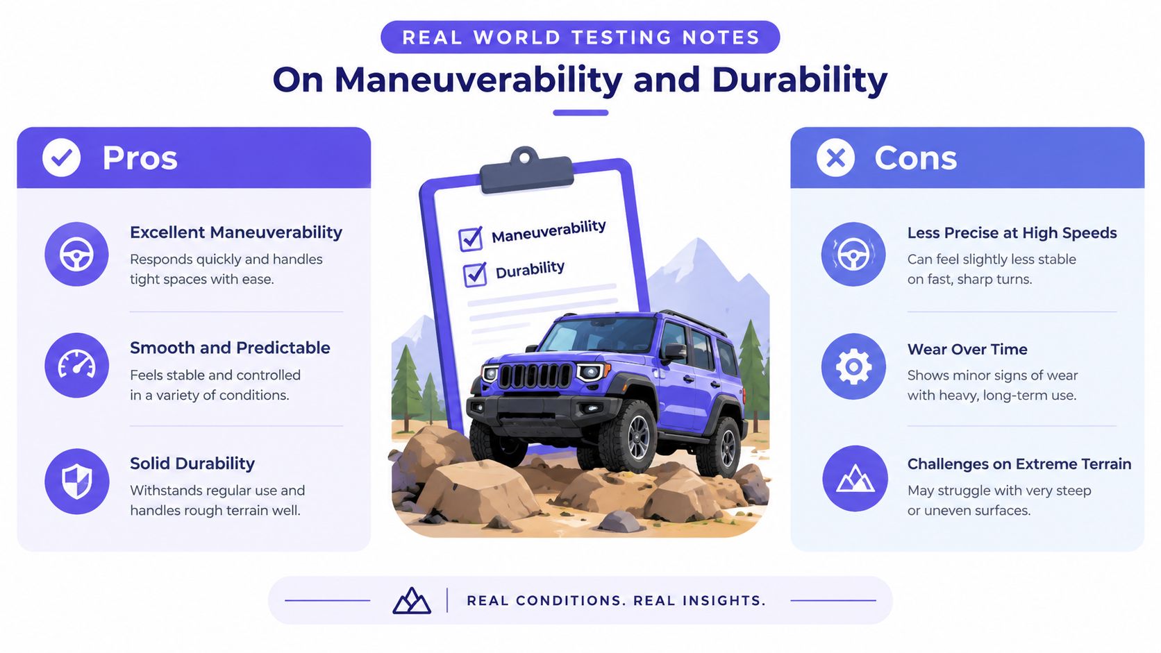 A graphic infographic titled Real World Testing Notes detailing the pros and cons of vehicle maneuverability and durability.