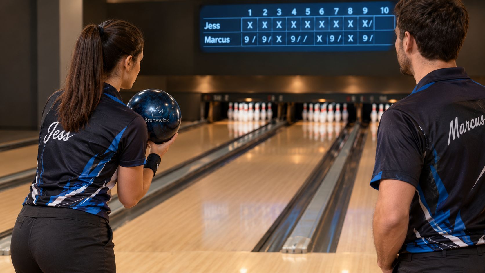 A man and a woman preparing for their turn at a bowling alley while viewing the scoreboard.
