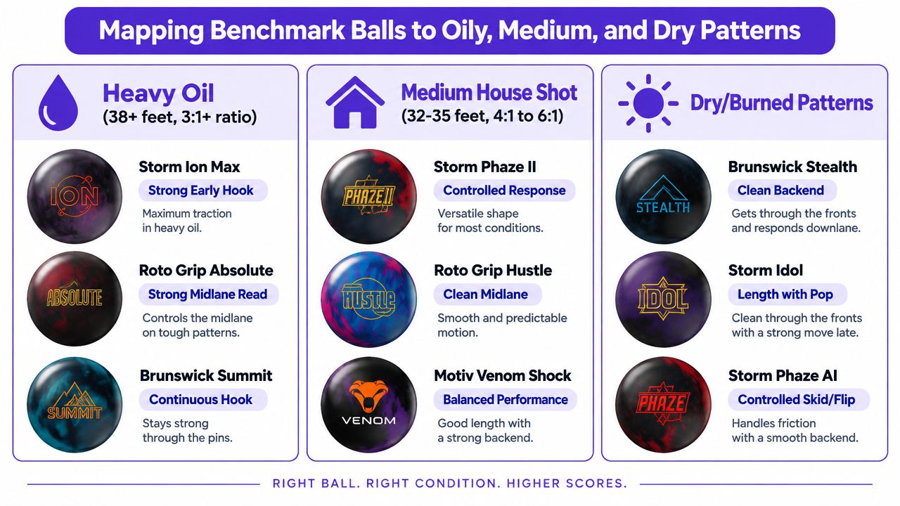 A chart mapping various benchmark bowling balls to heavy oil, medium house shot, and dry lane patterns.