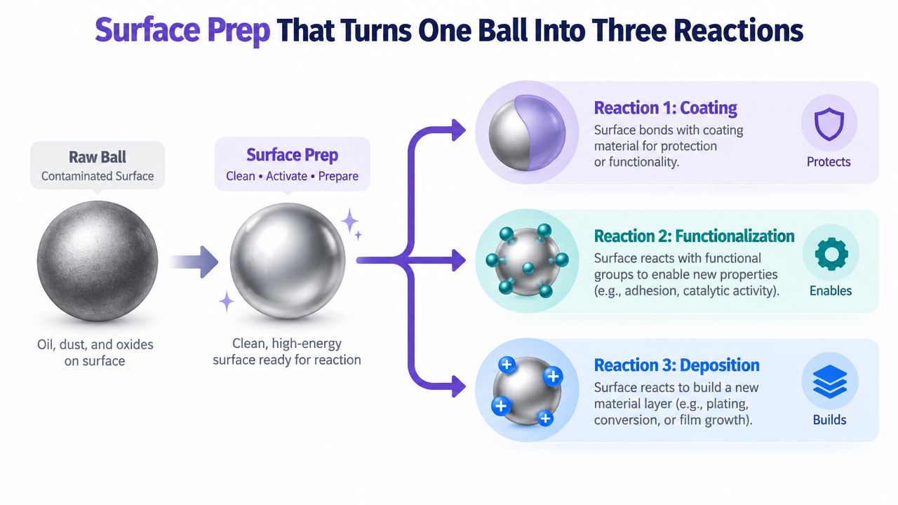 A diagram illustrating how surface preparation turns a raw contaminated ball into three distinct chemical reactions.