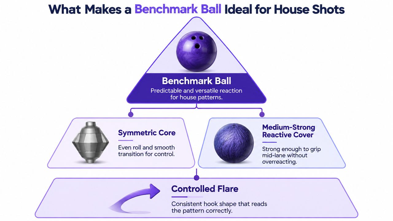 An infographic showing the core, cover, and flare characteristics that make a bowling ball ideal for house shots.