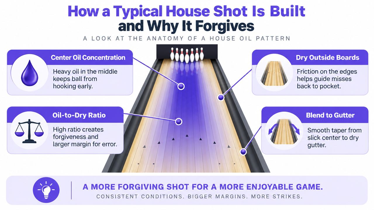 An educational infographic explaining the anatomy of a typical bowling house oil pattern and why it is forgiving.