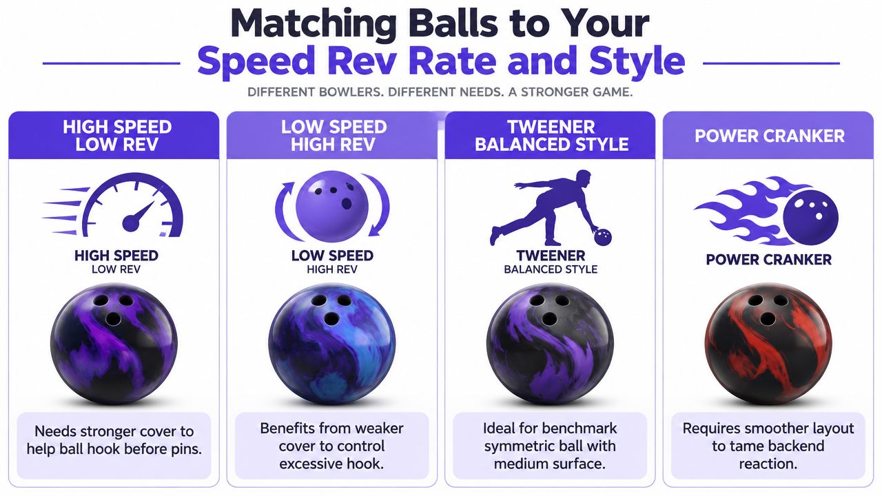 An infographic displaying four different bowling styles and the types of bowling balls recommended for each.