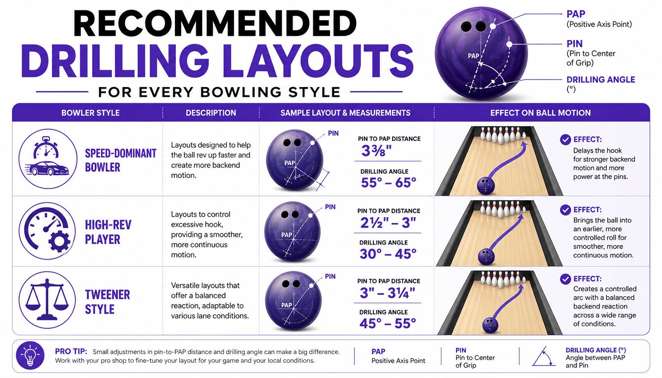 A chart illustrating recommended bowling ball drilling layouts based on different bowler styles and ball motion effects.