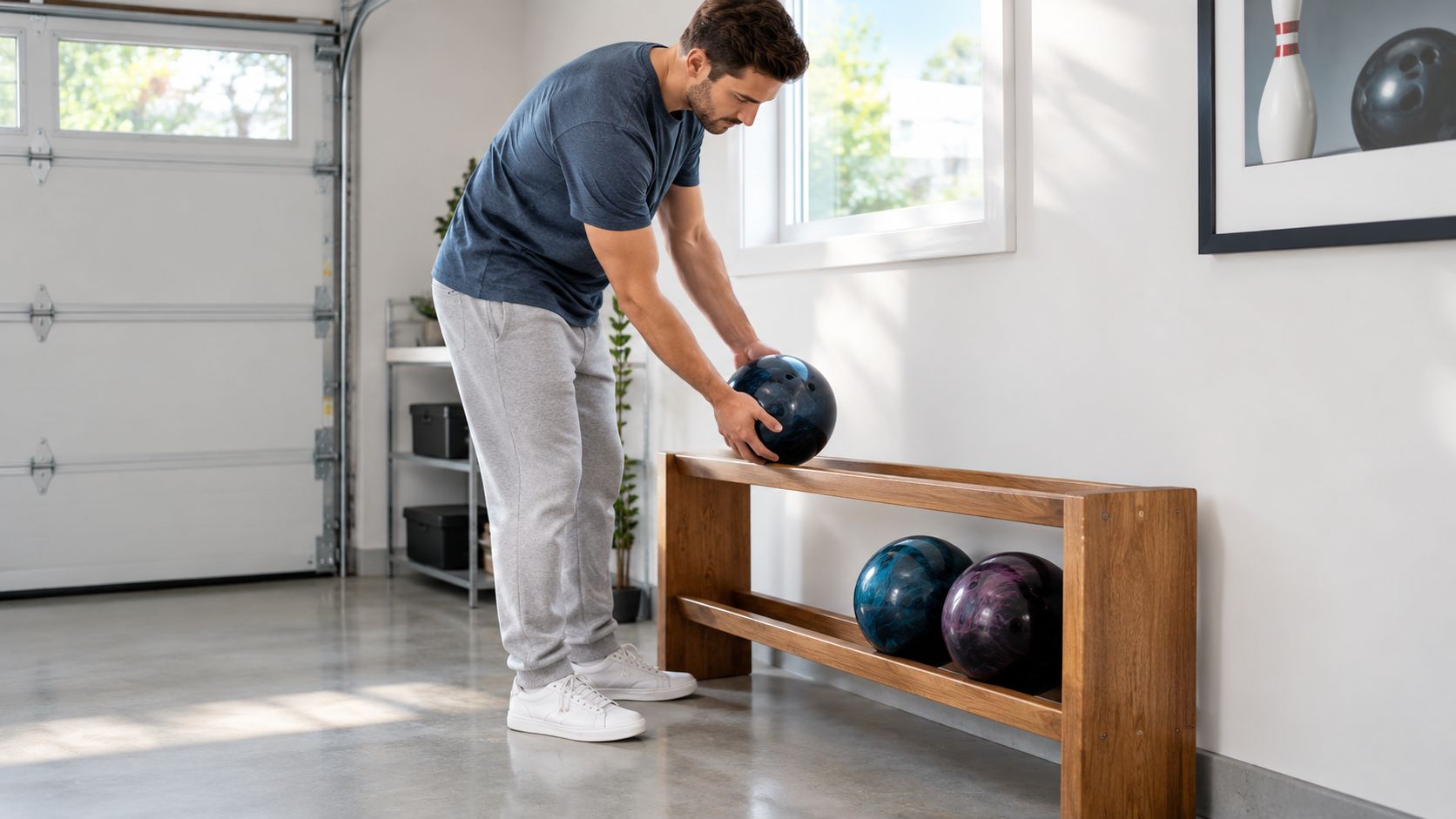 A man placing a bowling ball onto a wooden display rack in a modern home garage.