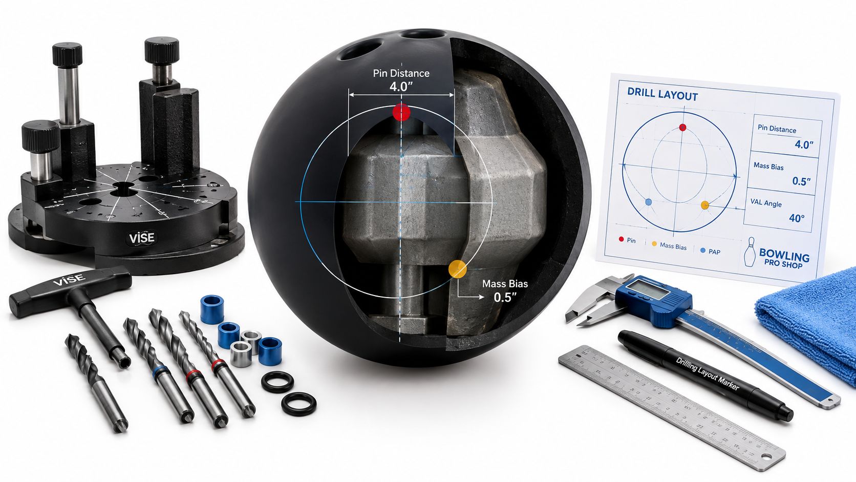 A professional bowling ball drilling equipment set including a jig, drill bits, and layout tools for custom drilling.
