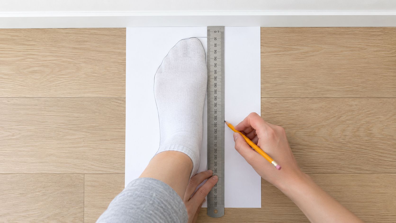 A person tracing the outline of their foot on a piece of paper to measure shoe size.