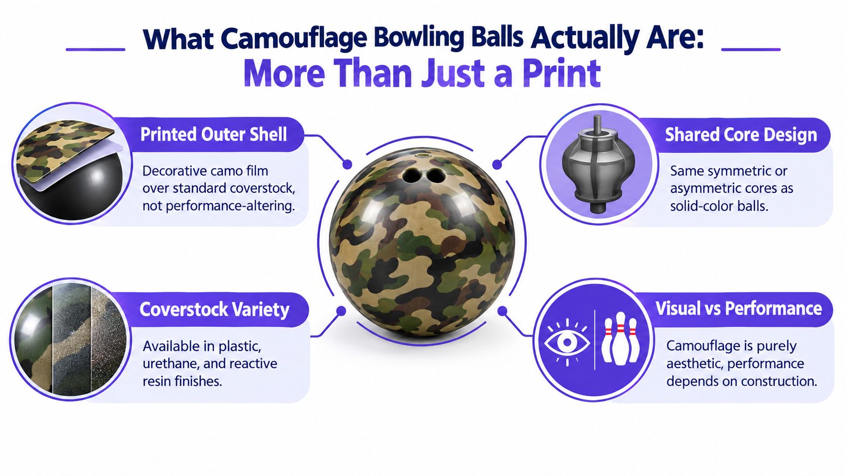 An infographic titled What Camouflage Bowling Balls Actually Are explaining that the design is purely aesthetic.