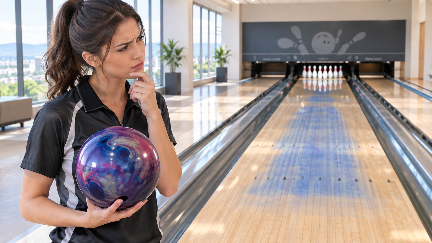 A woman holding a colorful bowling ball and pondering her next shot at a bowling alley.
