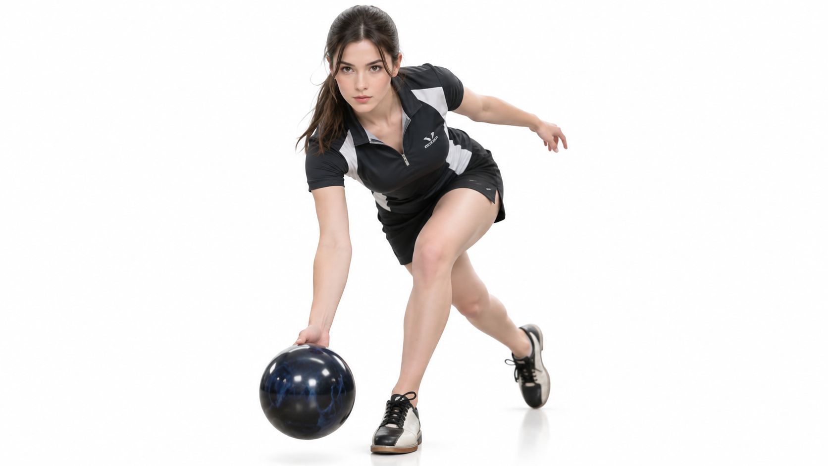 A woman in a bowling outfit is bowling a blue ball while wearing leather bowling shoes.