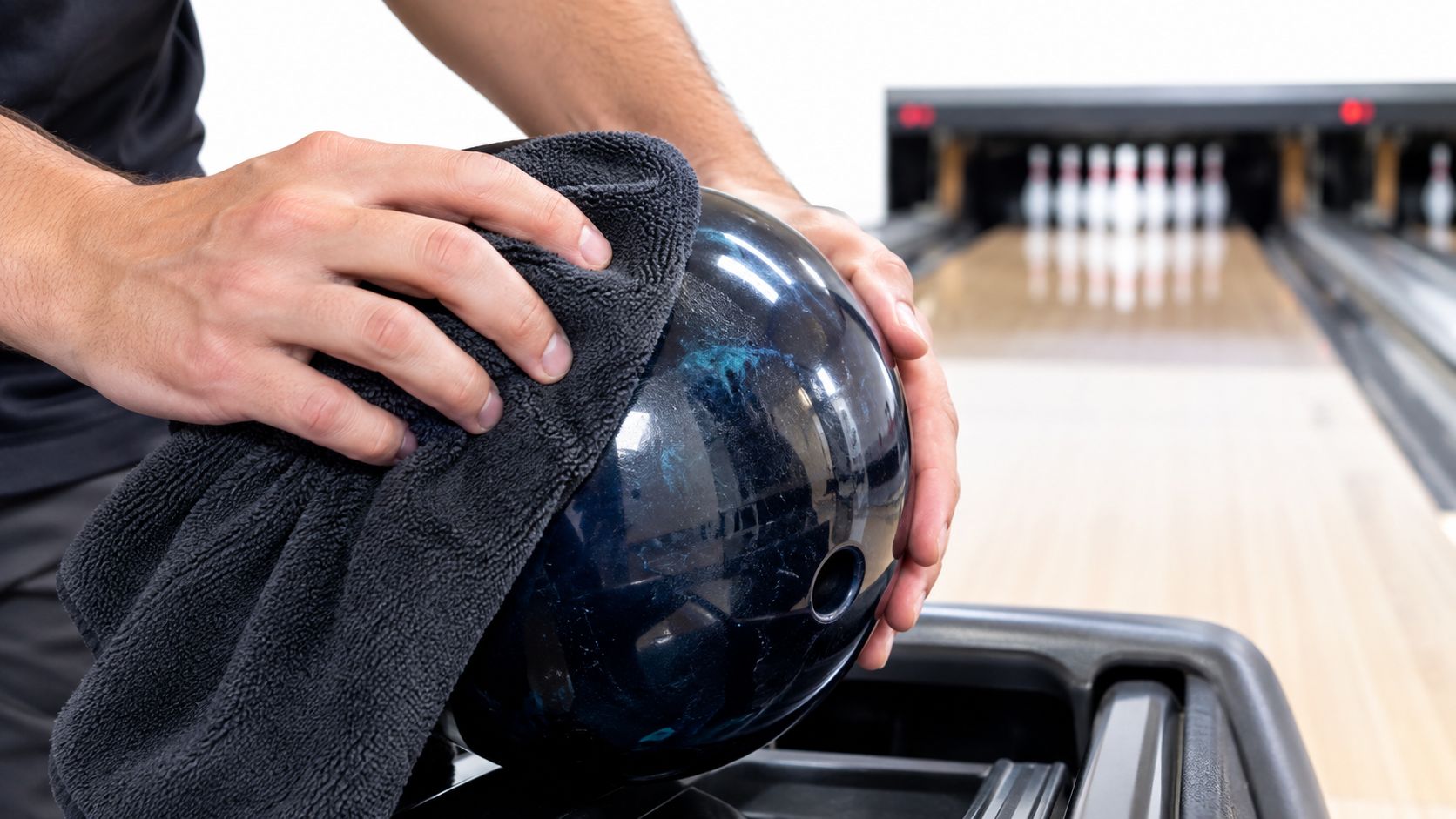 A close up view of a person using a black microfiber towel to clean a bowling ball.