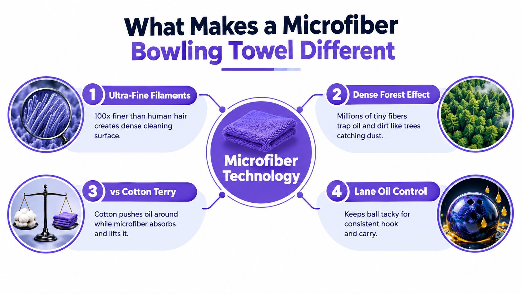 An infographic explaining how microfiber technology cleans bowling balls, highlighting four unique benefits including ultra-fine filaments and oil control.