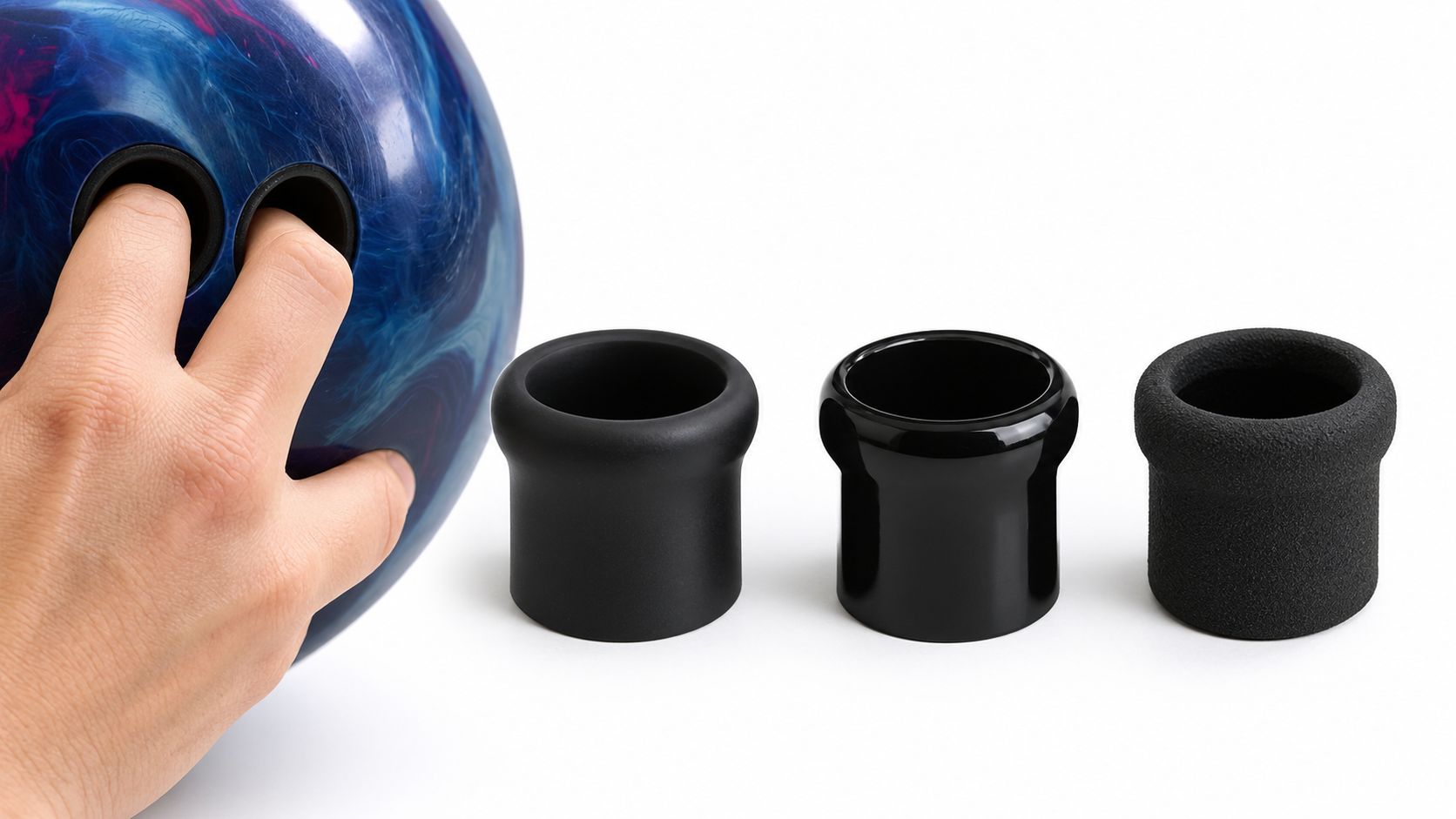 A hand placing fingers inside a blue bowling ball beside three different types of bowling ball inserts.
