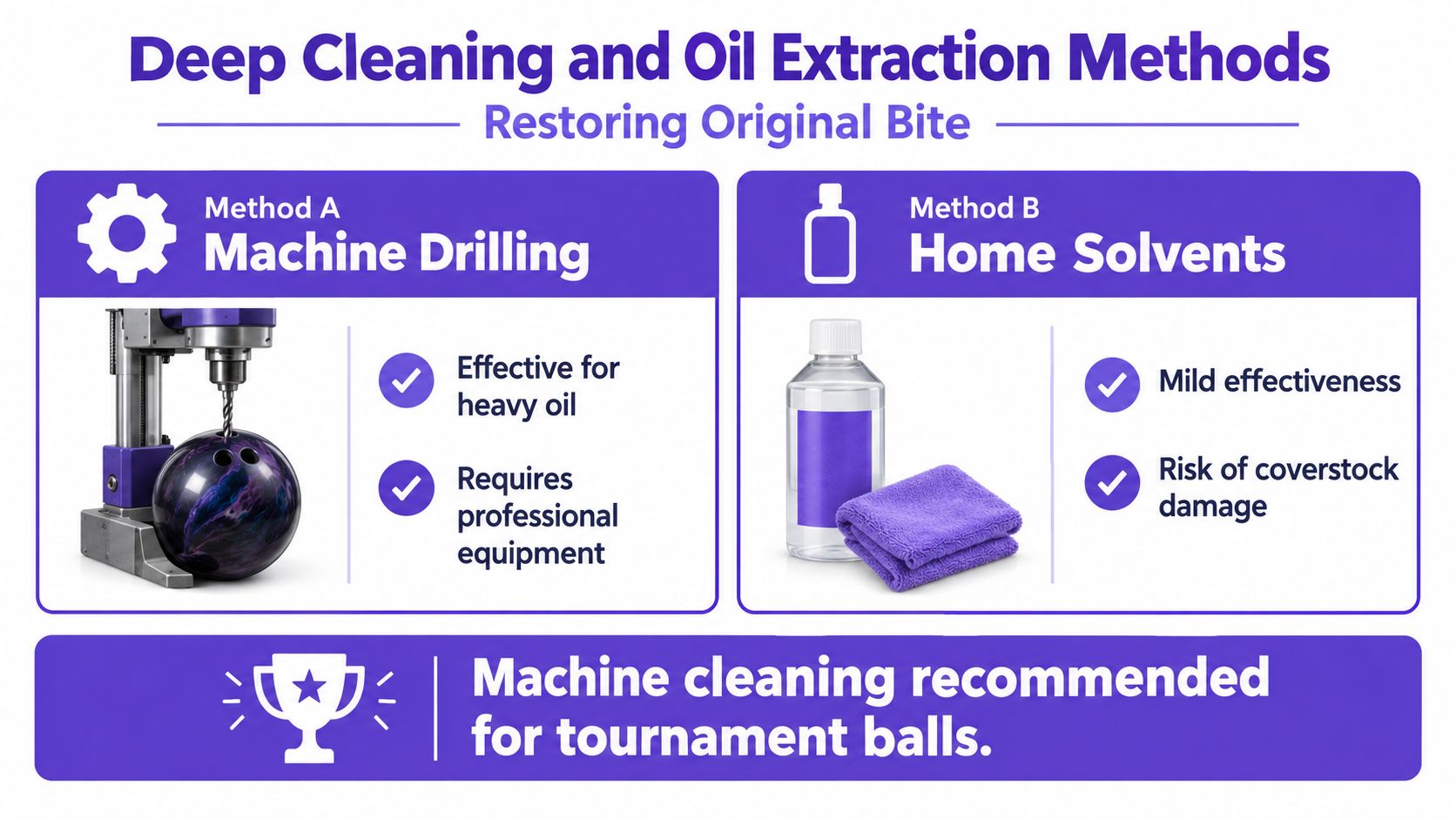 An infographic comparing professional machine drilling and home solvents for cleaning bowling balls to restore bite.