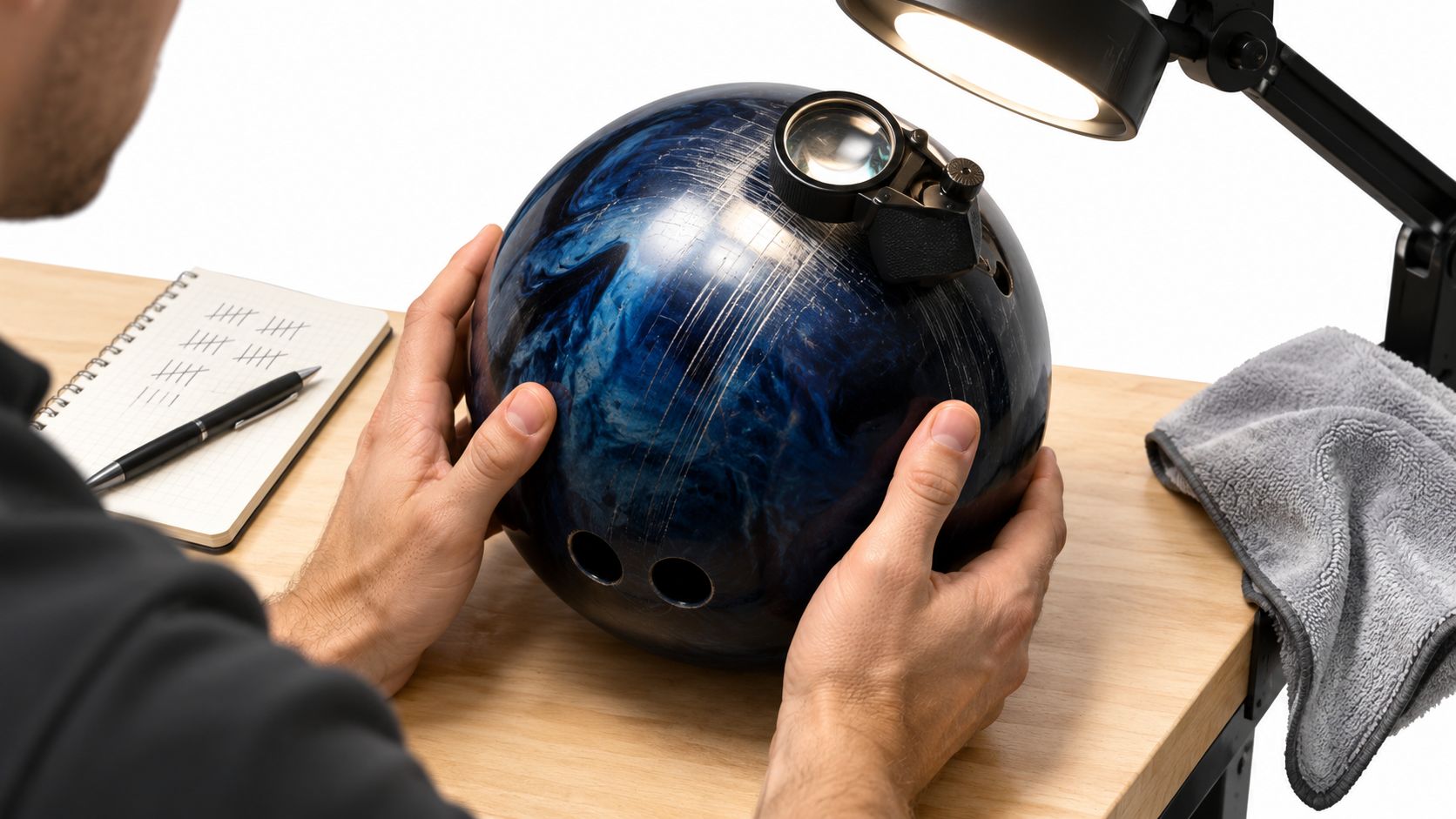 A person inspects a scratched blue bowling ball using a magnifying loupe under a desk lamp.