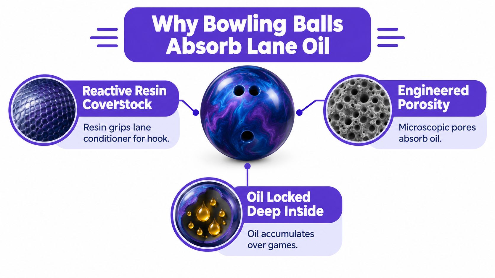 An infographic explaining how bowling balls absorb lane oil through reactive resin coverstock and engineered porosity.