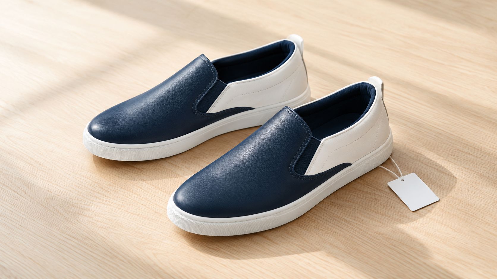 A pair of navy blue and white slip on shoes placed on a light wooden surface