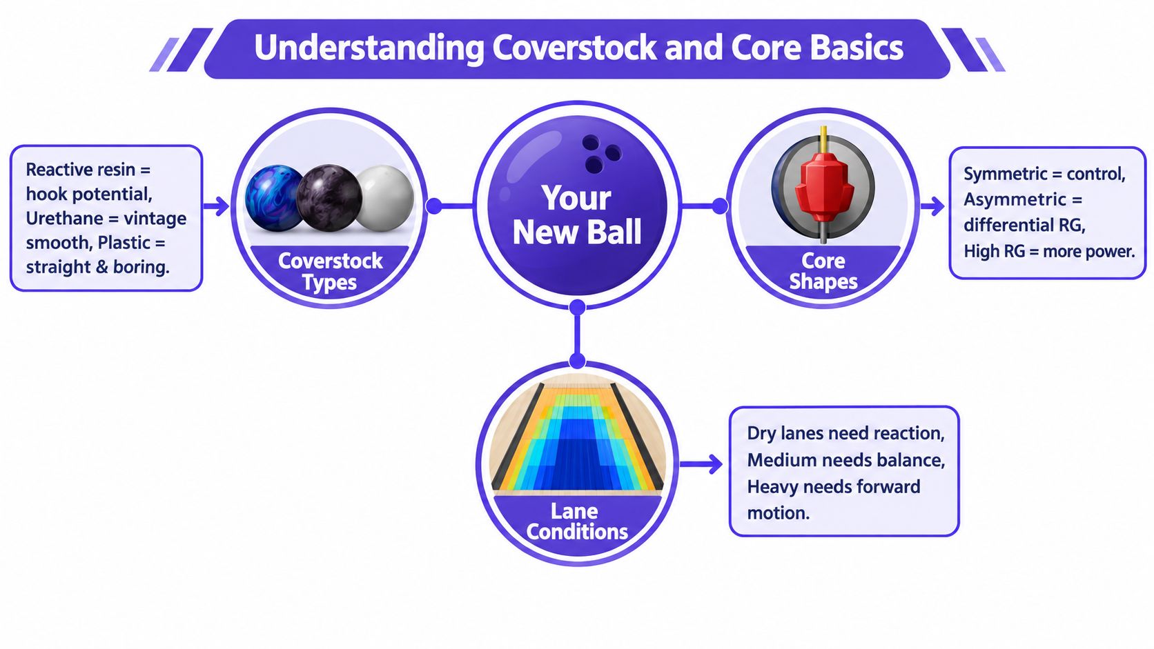 An infographic explaining the essential factors for selecting a bowling ball, including coverstock, core shapes, and lane conditions.