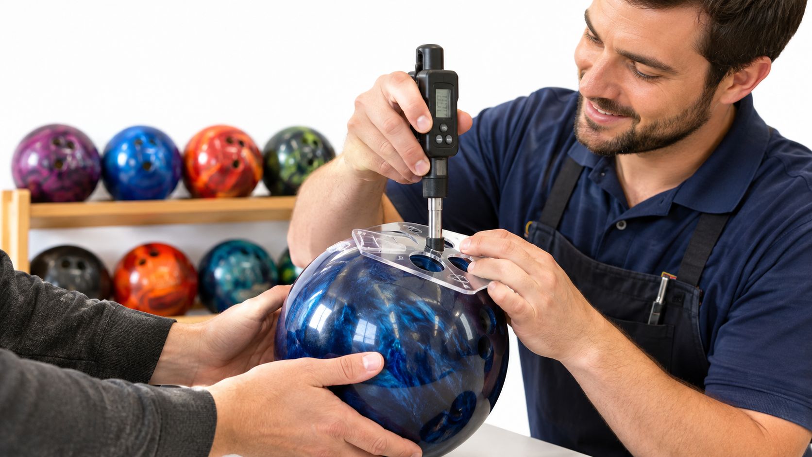 A professional bowling technician measuring a hole on a blue marbleized bowling ball with a digital gauge.