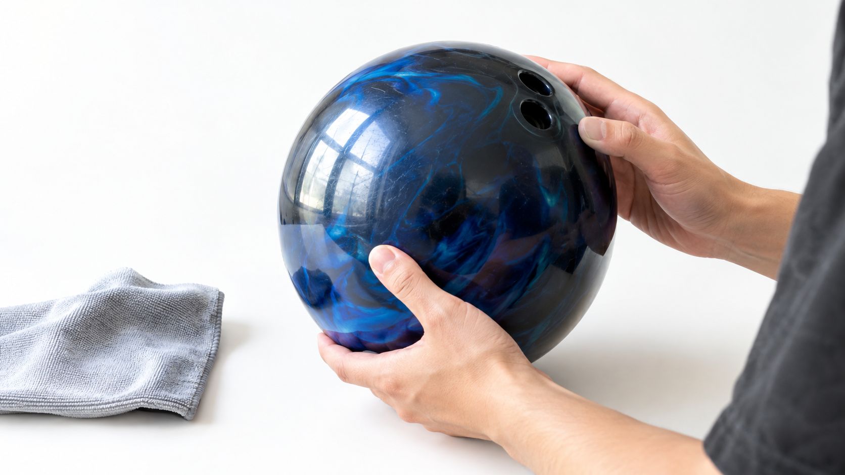 A close-up view of a person preparing to polish a blue and black marbled bowling ball.