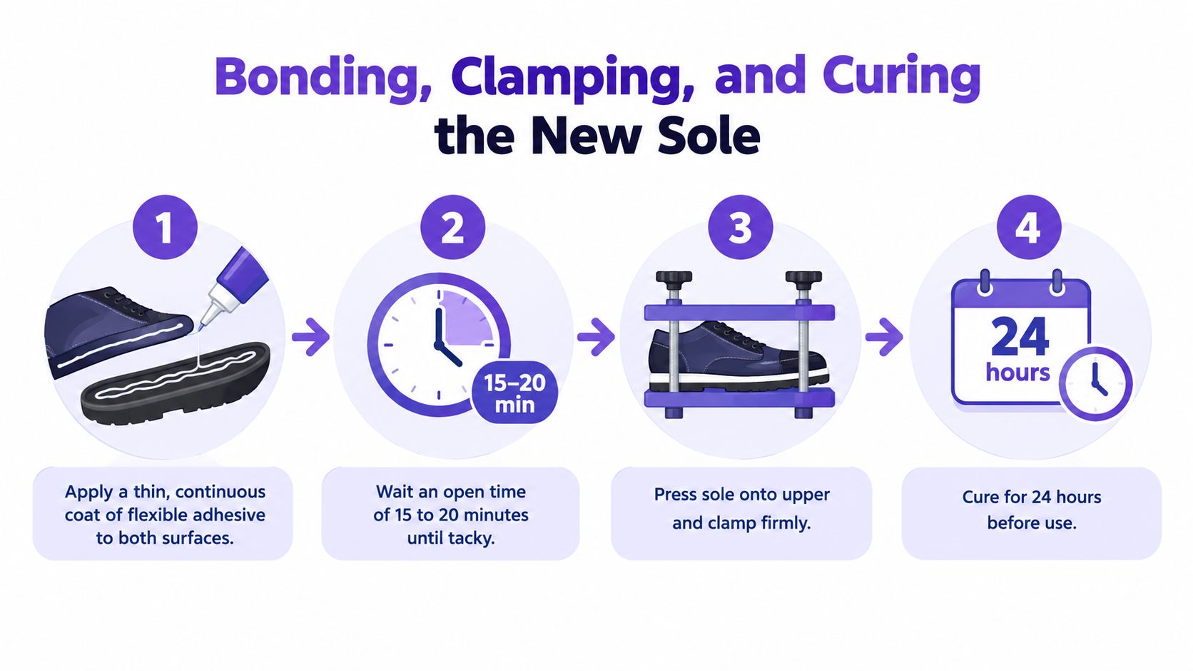 A four-step infographic illustrating how to glue, clamp, and cure a replacement shoe sole.
