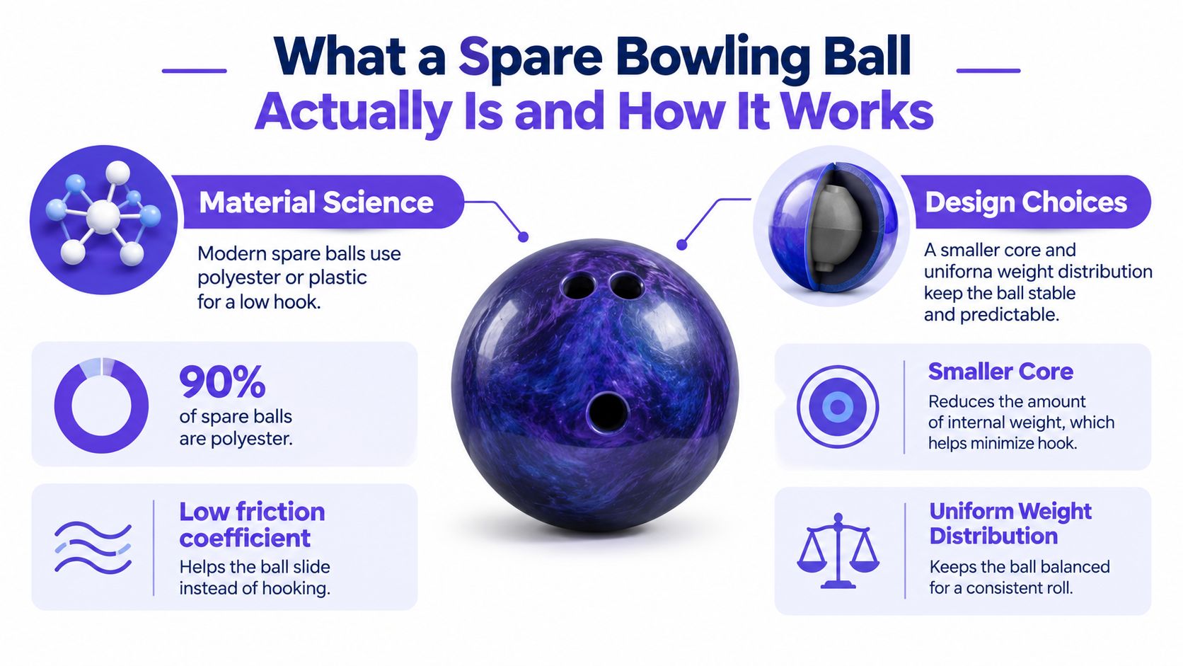 An infographic detailing the material science and design characteristics of a spare bowling ball for stability.