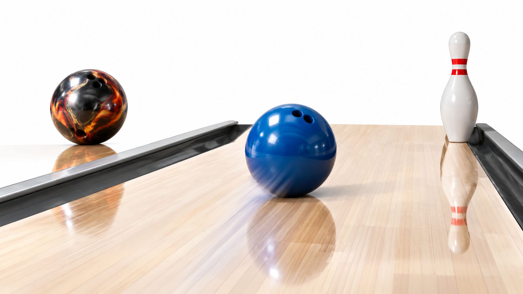 A blue bowling ball rolling on a wooden lane towards a single white pin with red stripes.