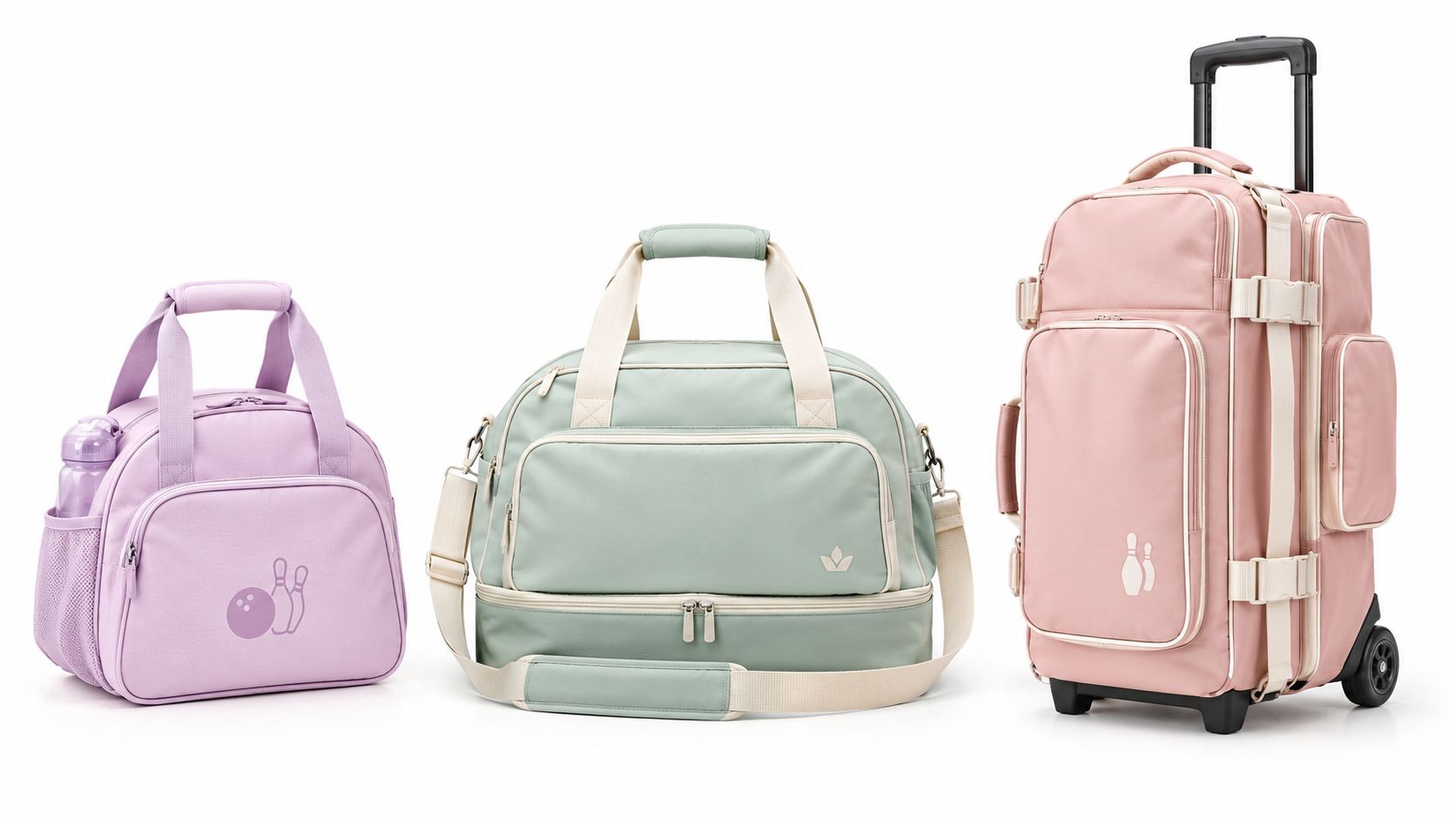 A set of three stylish pastel-colored bowling bags in light purple, sage green, and light pink.