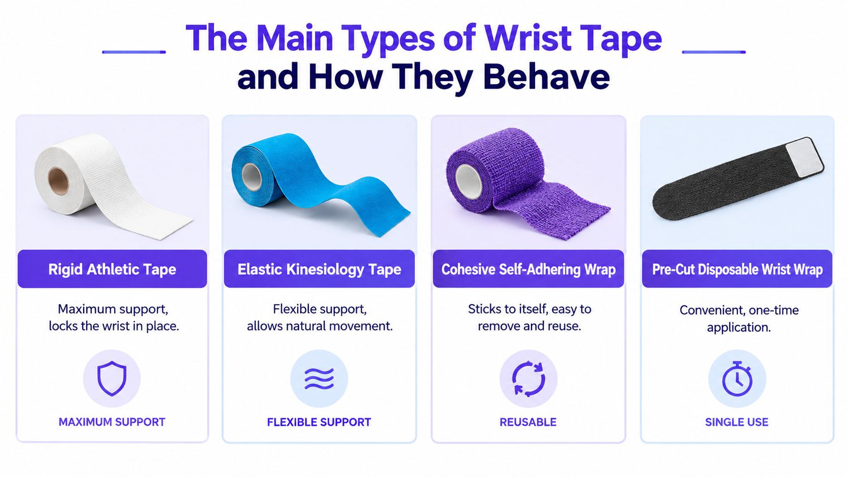 A chart illustrating four main types of wrist tape including rigid, elastic, cohesive, and pre-cut options.